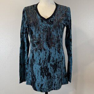 Panhandle Slim Rock & Roll Cowgirl Long Sleeve Top Size Large Rhinestones V-Neck